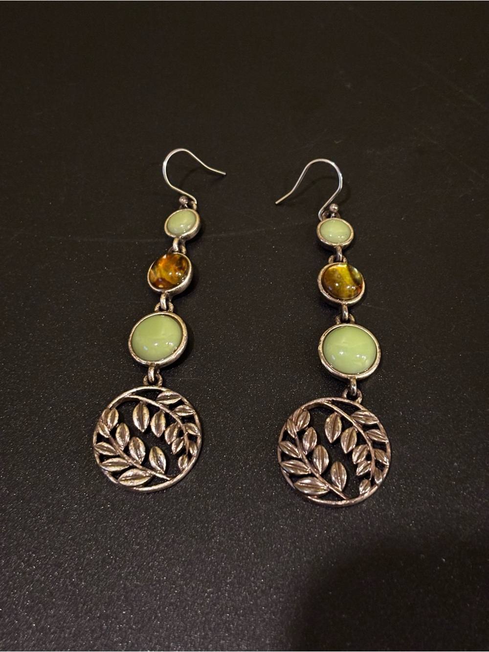 Green and Amber Drop Earrings with Leaf Medallion
